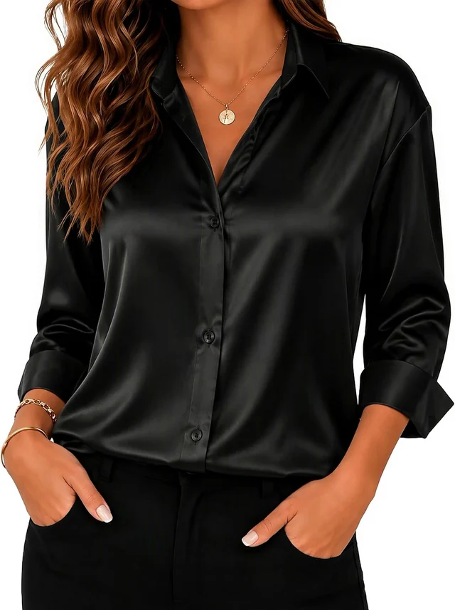Long-sleeve satin button-down shirt — view 1