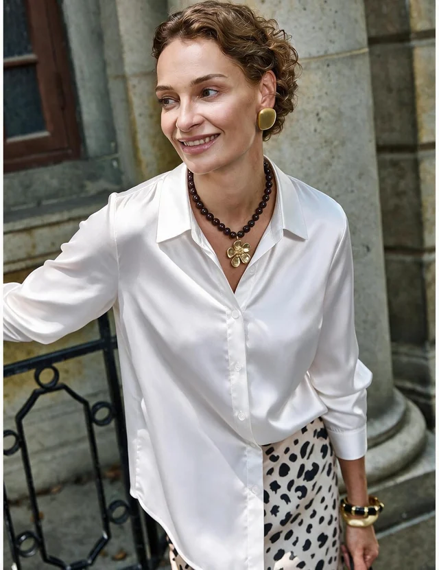 White satin button-down blouse — view 3