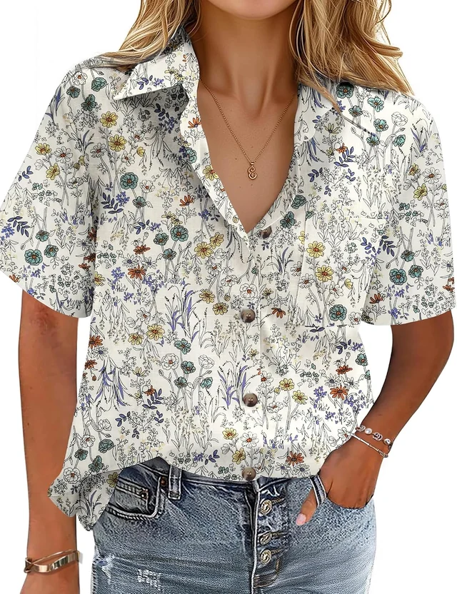 Printed short-sleeve button-down shirt — view 1