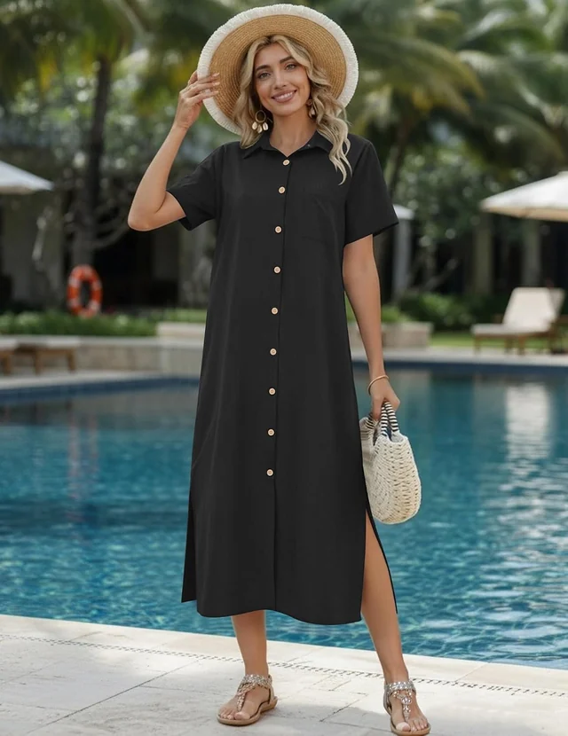 Black button-down shirt dress — view 1