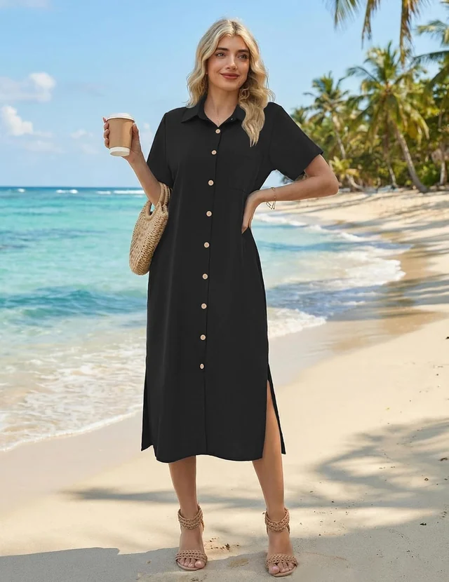 Black button-down shirt dress — view 4