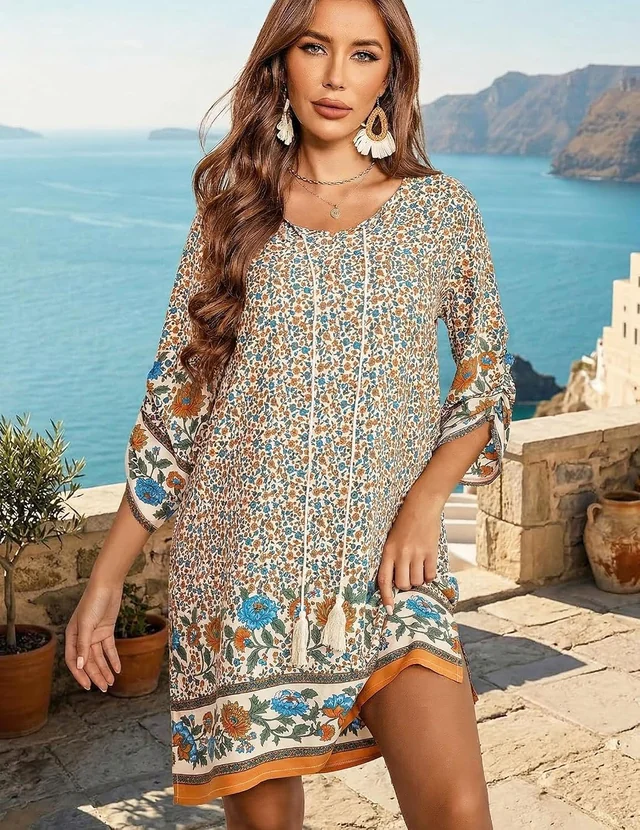 Printed V-neck beach dress — view 2